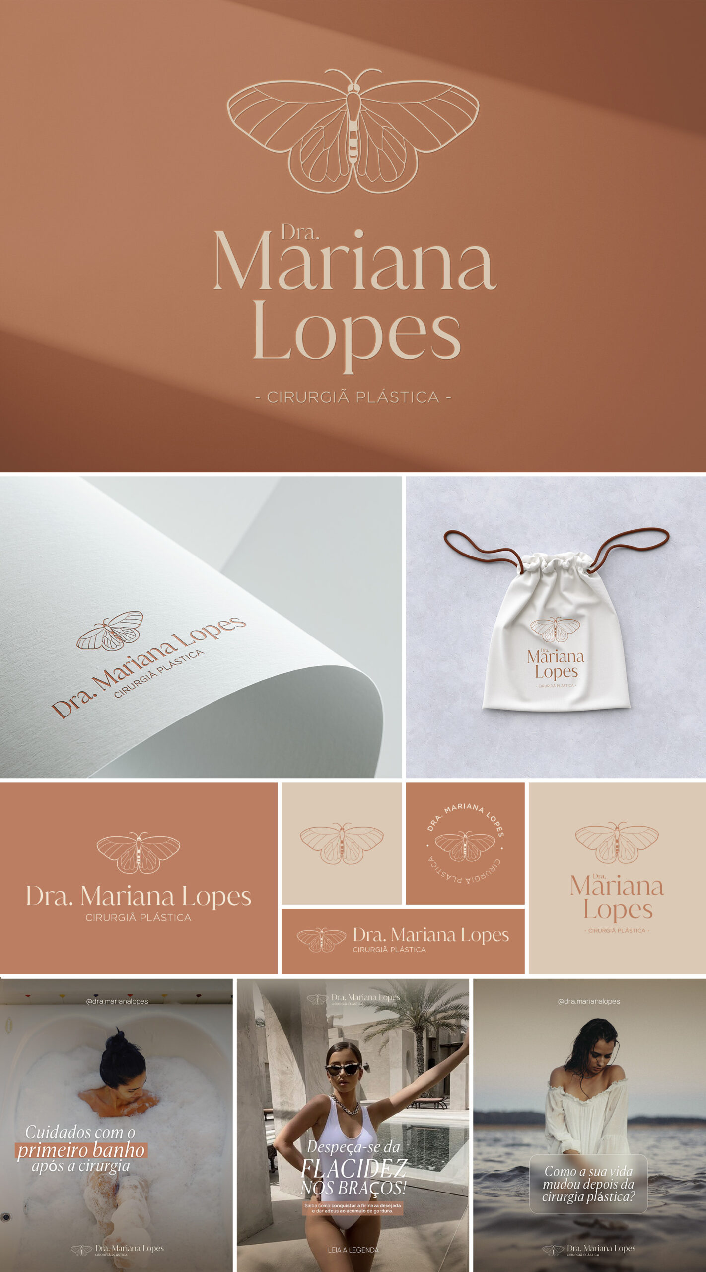 Sistema de identidade visual completo da Dra. Mariana Lopes — logotipo em versões horizontal, vertical, ícone e selo, aplicações em papelaria, bag de cinta de compressão e posts para Instagram