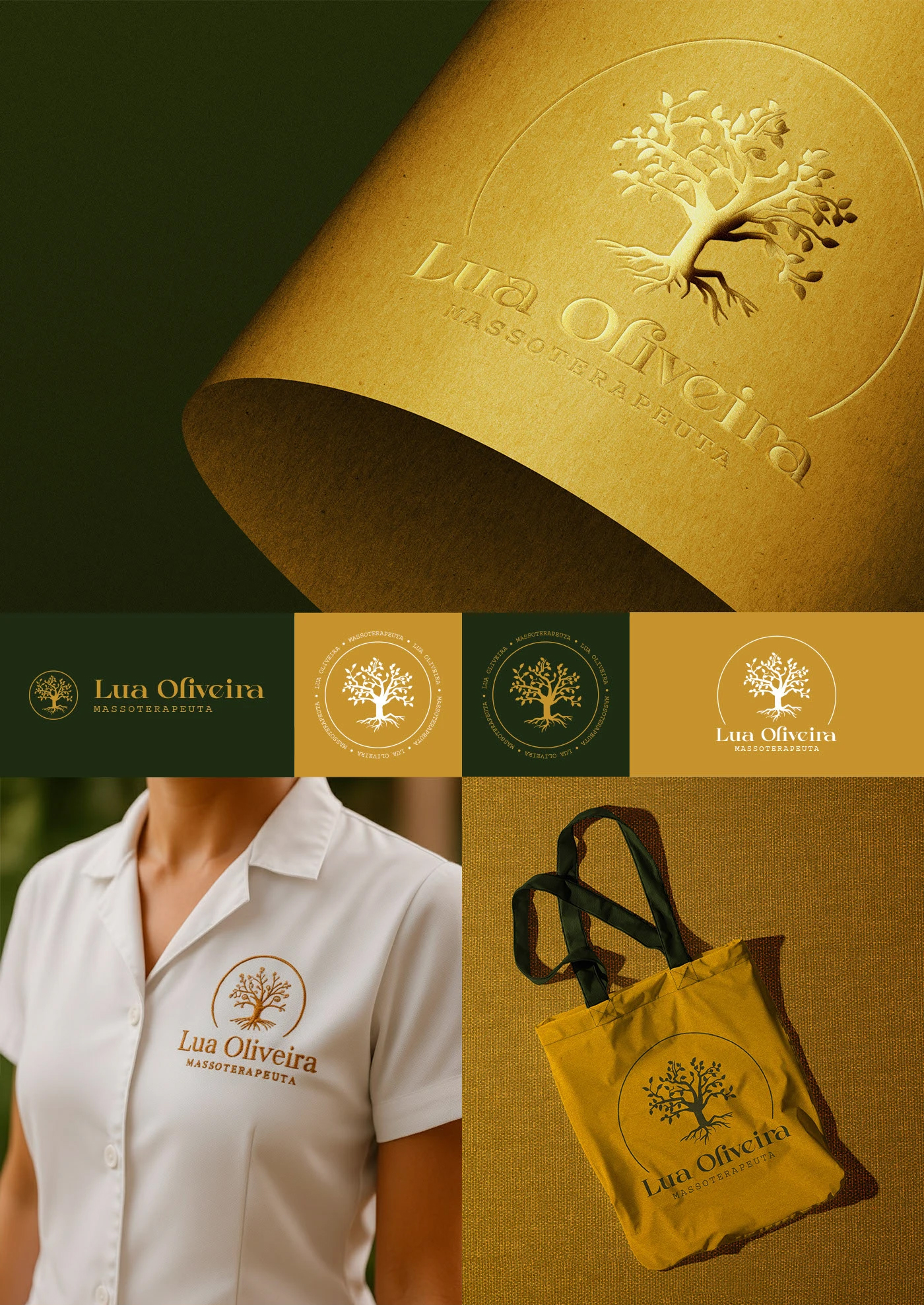 Identidade visual Lua Oliveira massoterapeuta — logotipo e versões do selo em claro e escuro