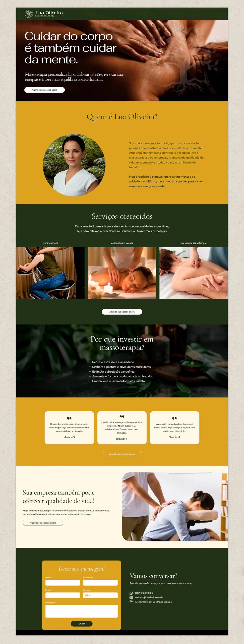 Quadro para sala de espera e landing page para tráfego pago — identidade visual massoterapia
