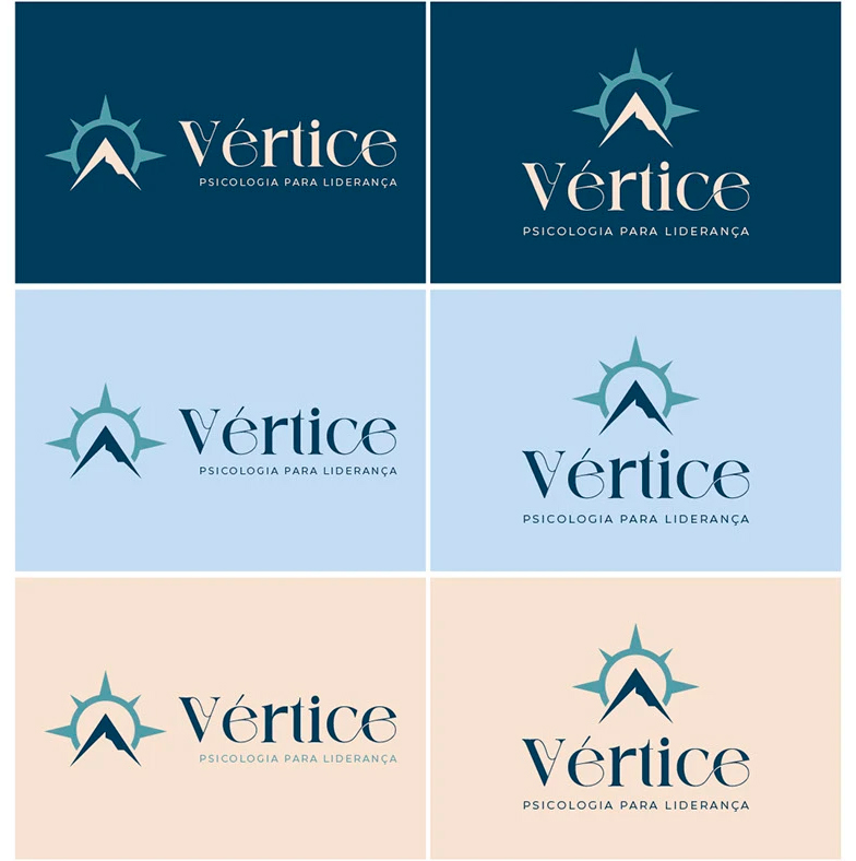 Versões horizontal e vertical do logotipo Vértice nas cores Batimetria e Pergaminho