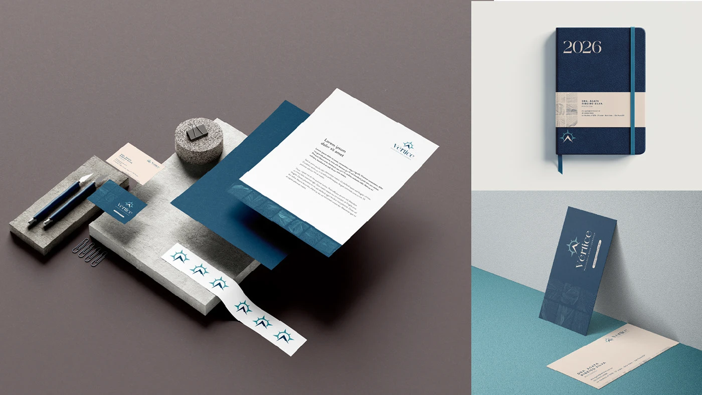 Mockups de papelaria — cartão de visitas, papel timbrado, adesivo e agenda clínica Vértice