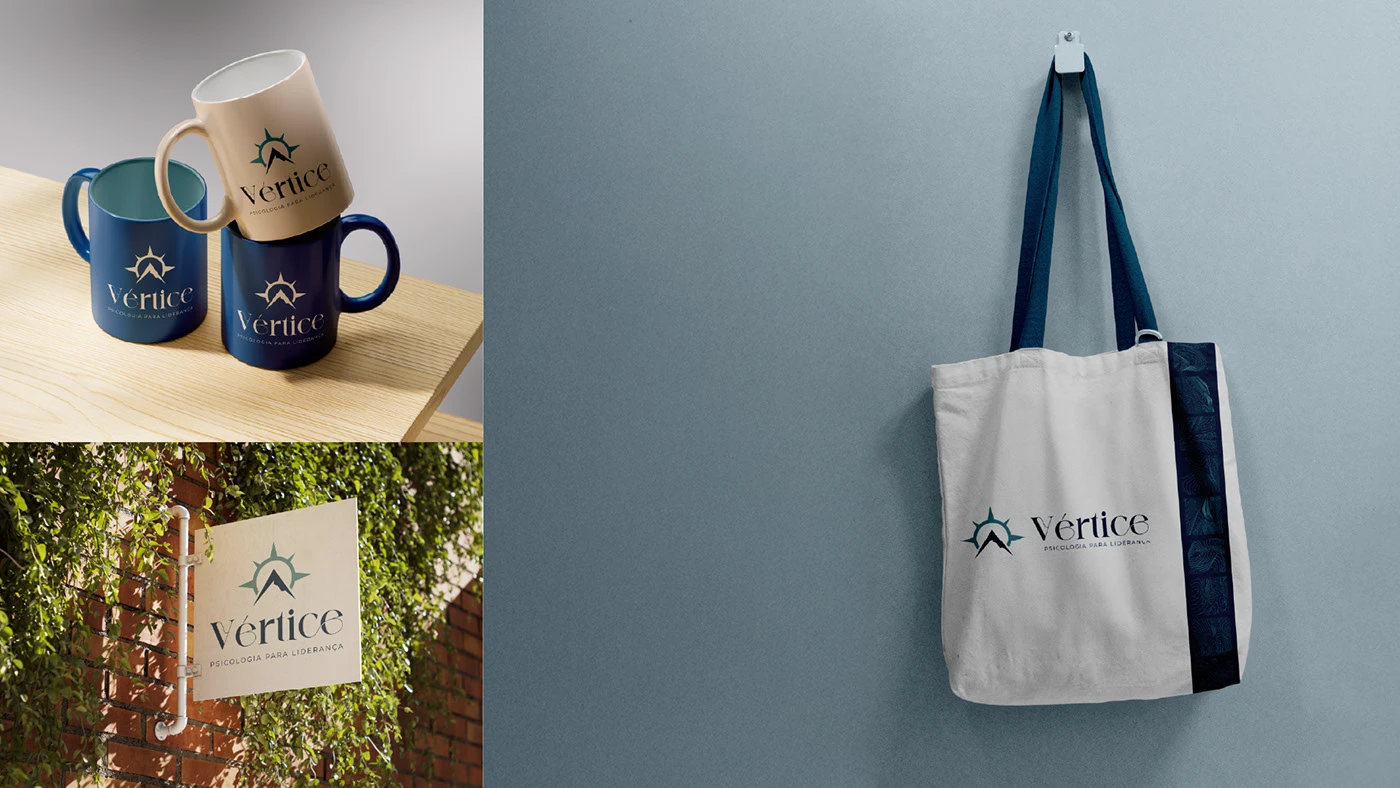 Mockups de brindes e sinalização externa — caneca, ecobag e placa do consultório Vértice