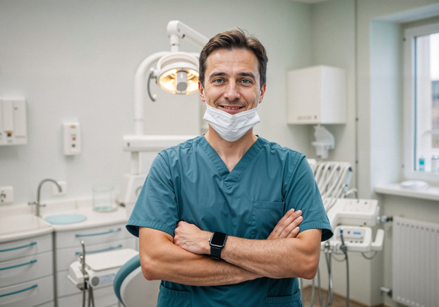 Dentista sorrindo em consultório odontológico
